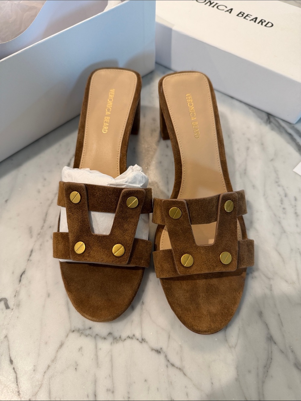 Veronica Beard Brown Suede Studded Slide Mules